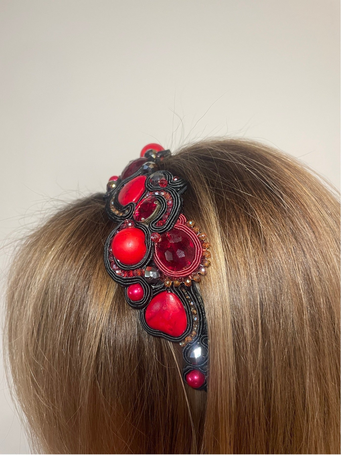 Handcrafted Soutache Headband with Crystals and Synthetic Coral