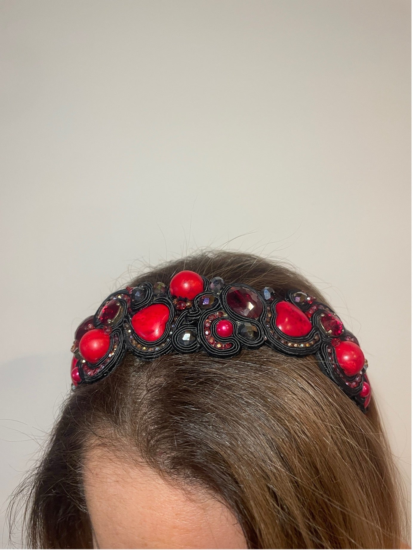 Handcrafted Soutache Headband with Crystals and Synthetic Coral