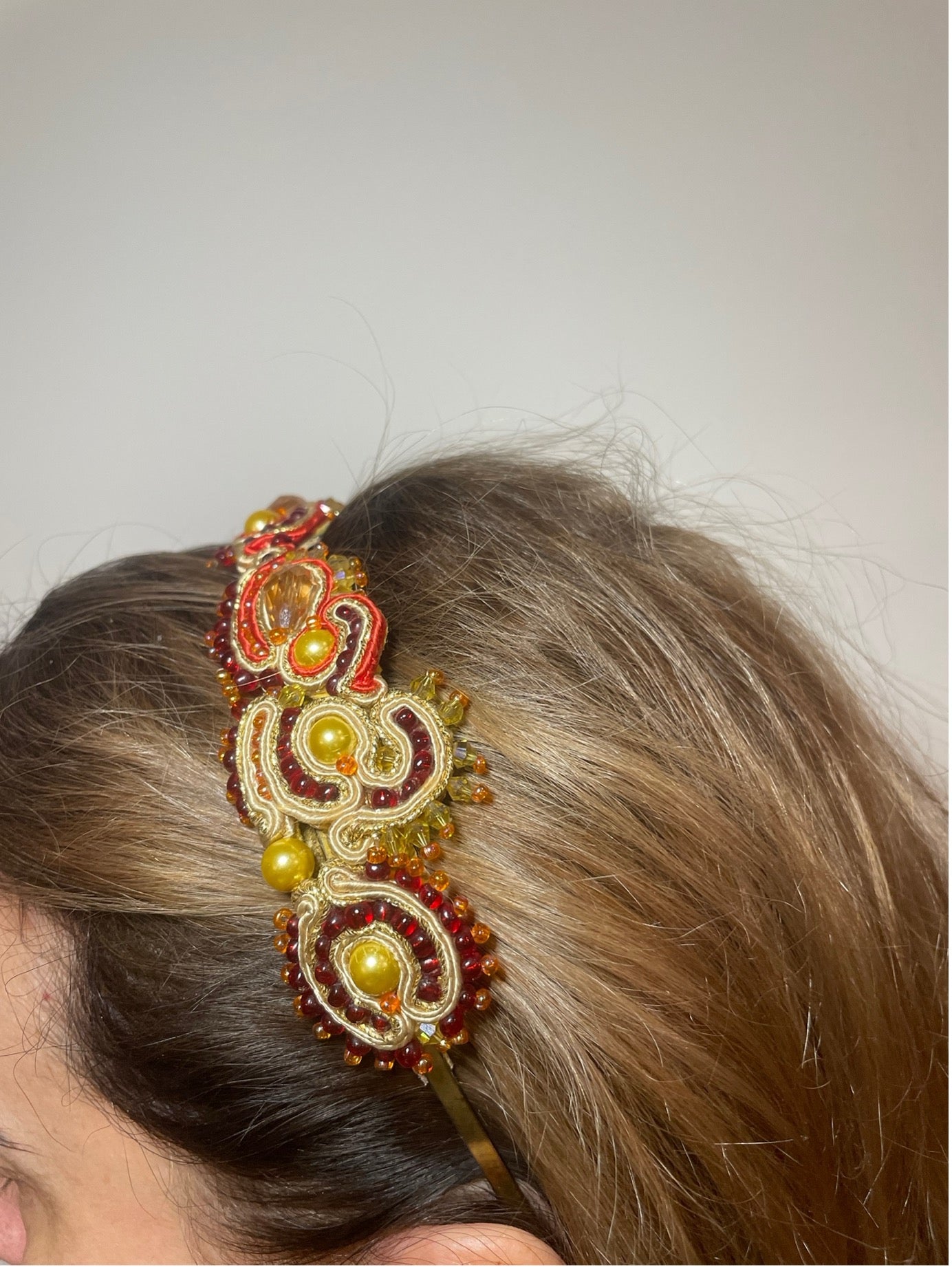 Handcrafted Soutache Headband and Earrings Set with Faceted Crystals, Glass Pearls and Seed Beads
