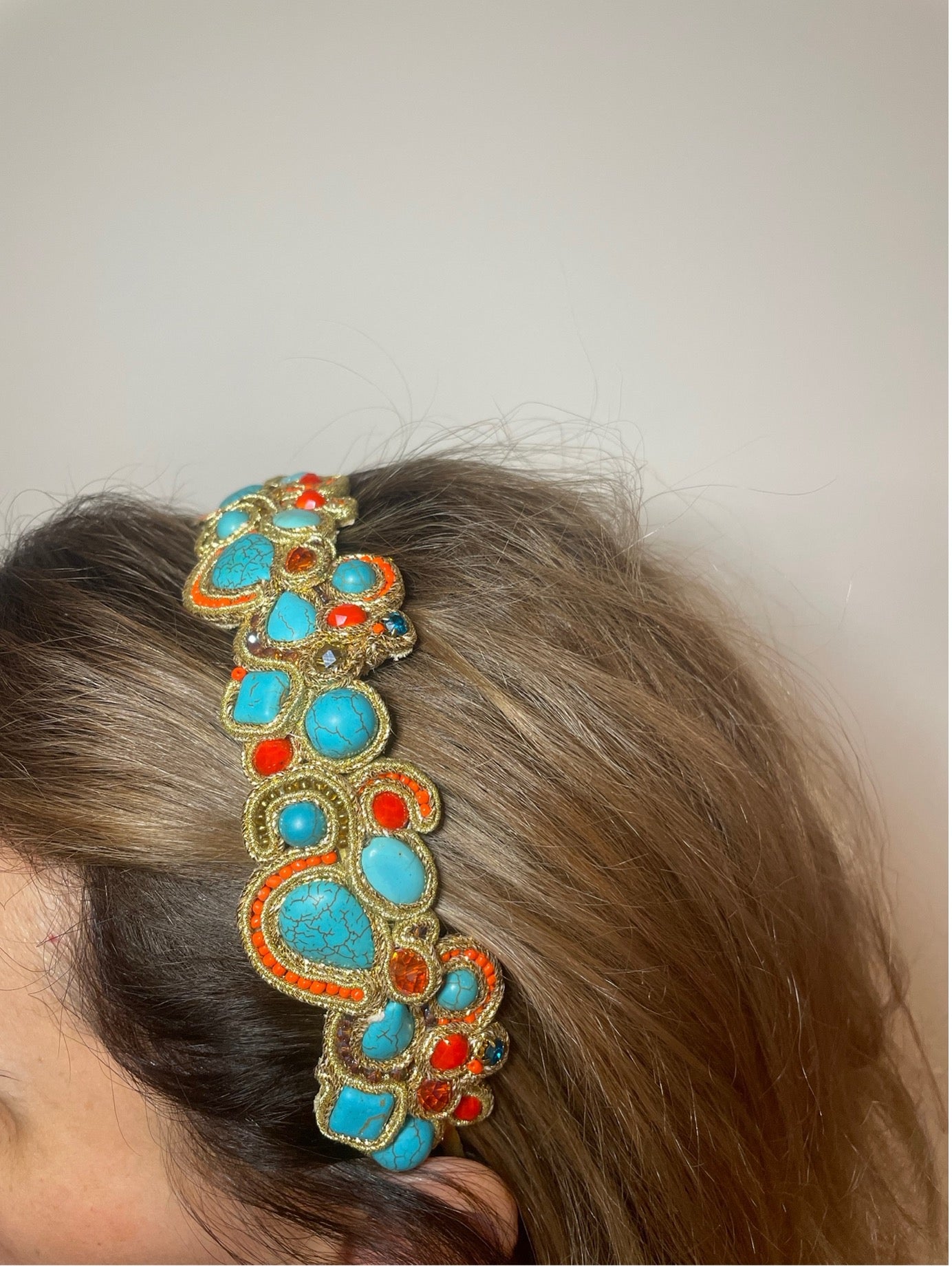 Handcrafted Soutache Headband with Synthetic Turquoise, Faceted Crystals and Glass Beads