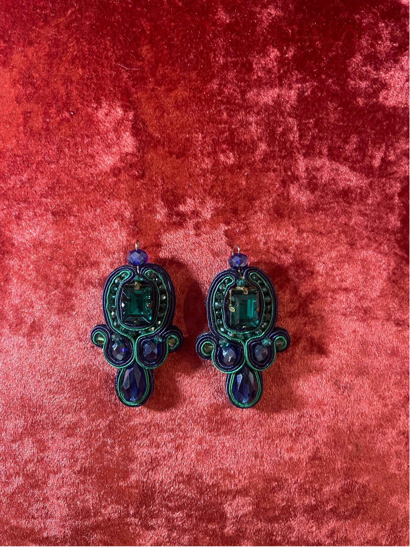 Handcrafted Soutache Earrings with Faceted Crystals and Glass Beads