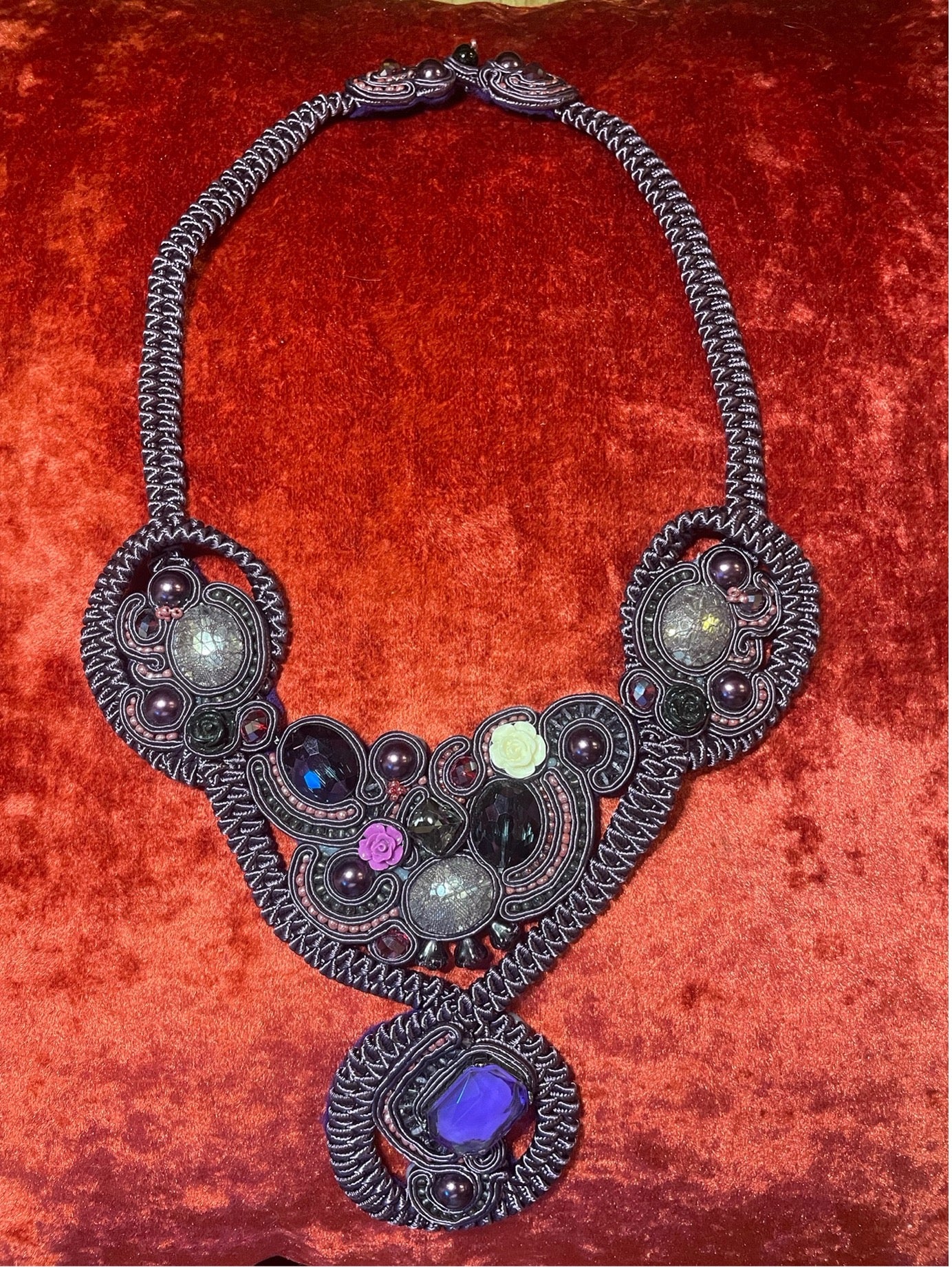 Handcrafted Soutache Necklace with Faceted Crystals, Glass Pearls and Acrylic Flowers