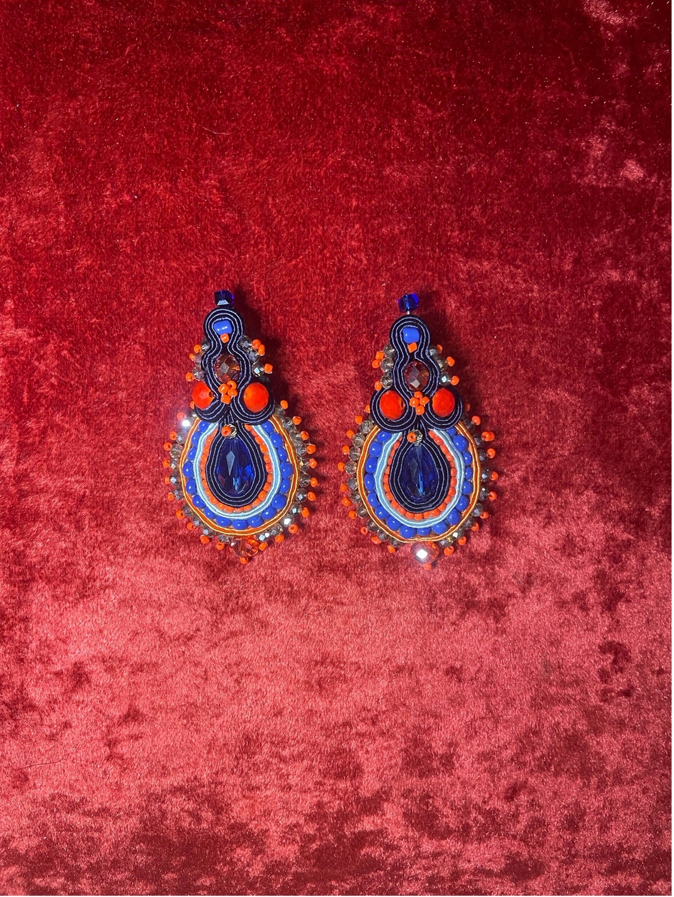 Handcrafted Soutache Earrings with Faceted Crystals and Seed Beads
