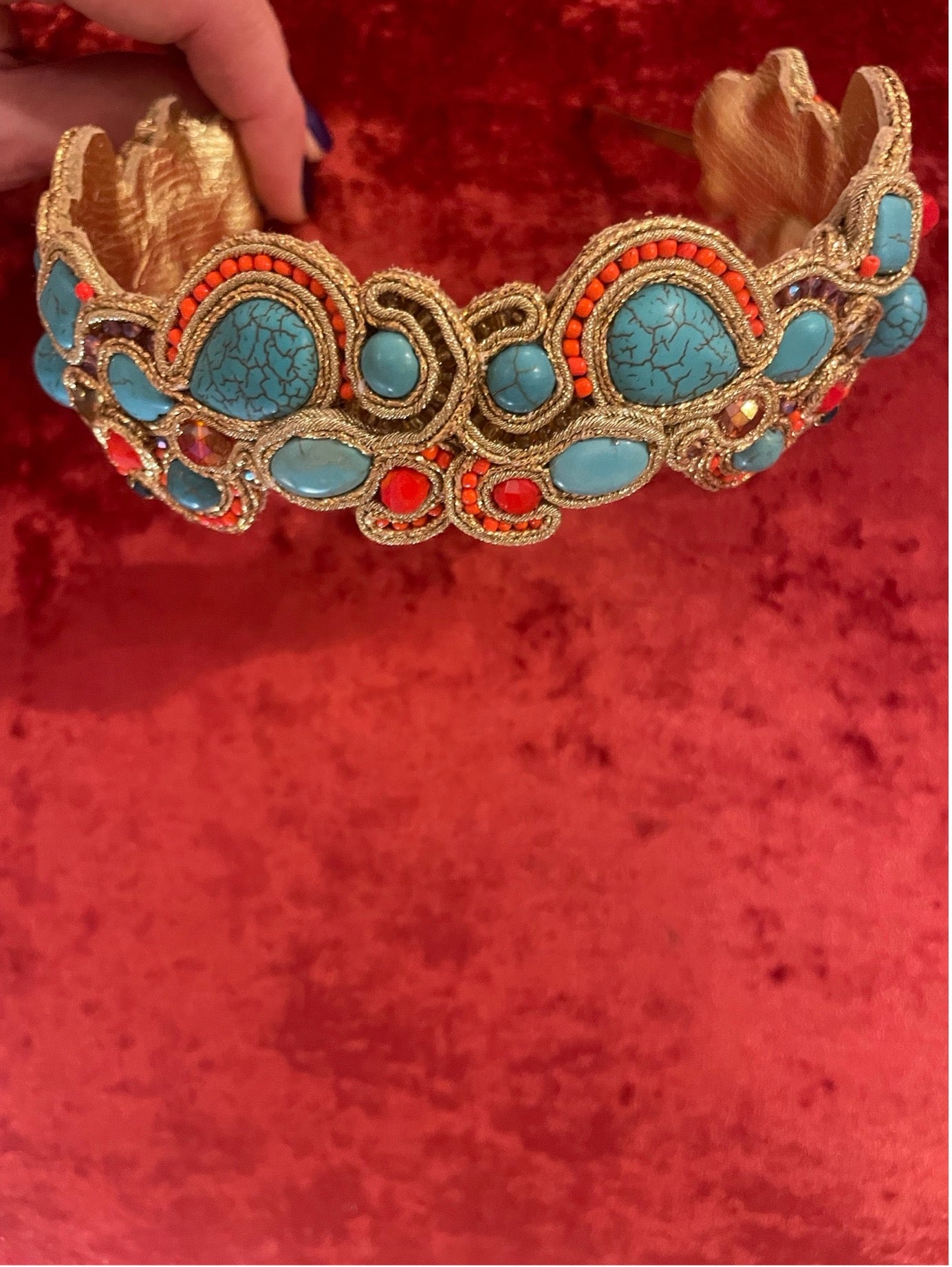 Handcrafted Soutache Headband with Synthetic Turquoise, Faceted Crystals and Glass Beads