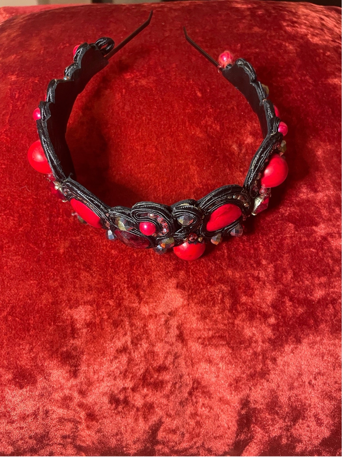 Handcrafted Soutache Headband with Crystals and Synthetic Coral