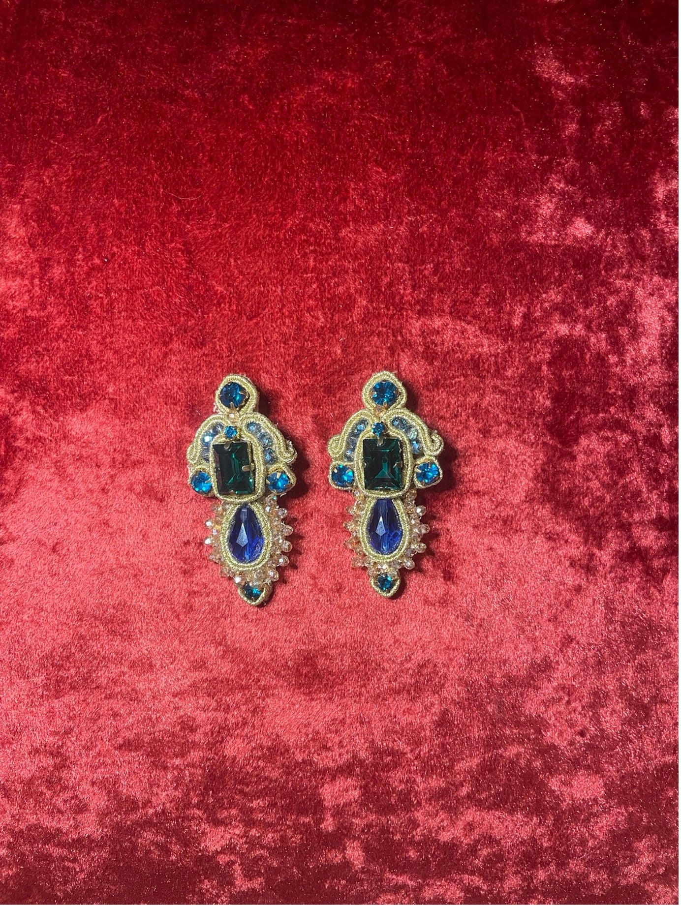 Handcrafted Soutache Earrings with Faceted Crystals and Seed Beads