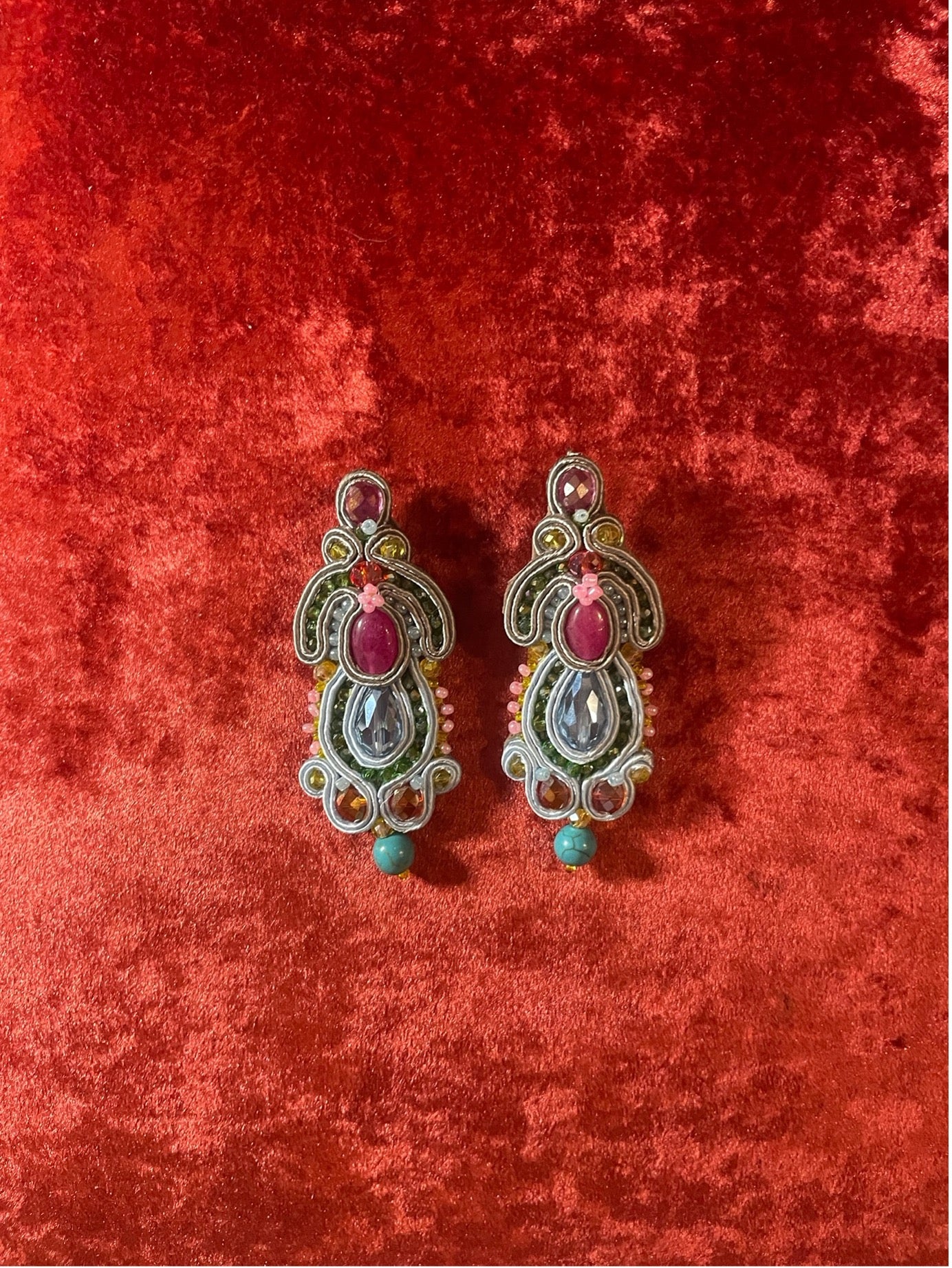 Handcrafted Soutache Earrings with Faceted Crystals, Purple Agate, Synthetic Turquoise and Seed Beads