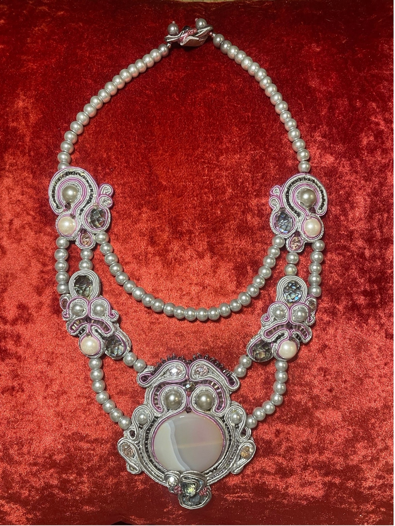 Handcrafted Soutache Necklace with Faceted Crystals and Oversized Agate