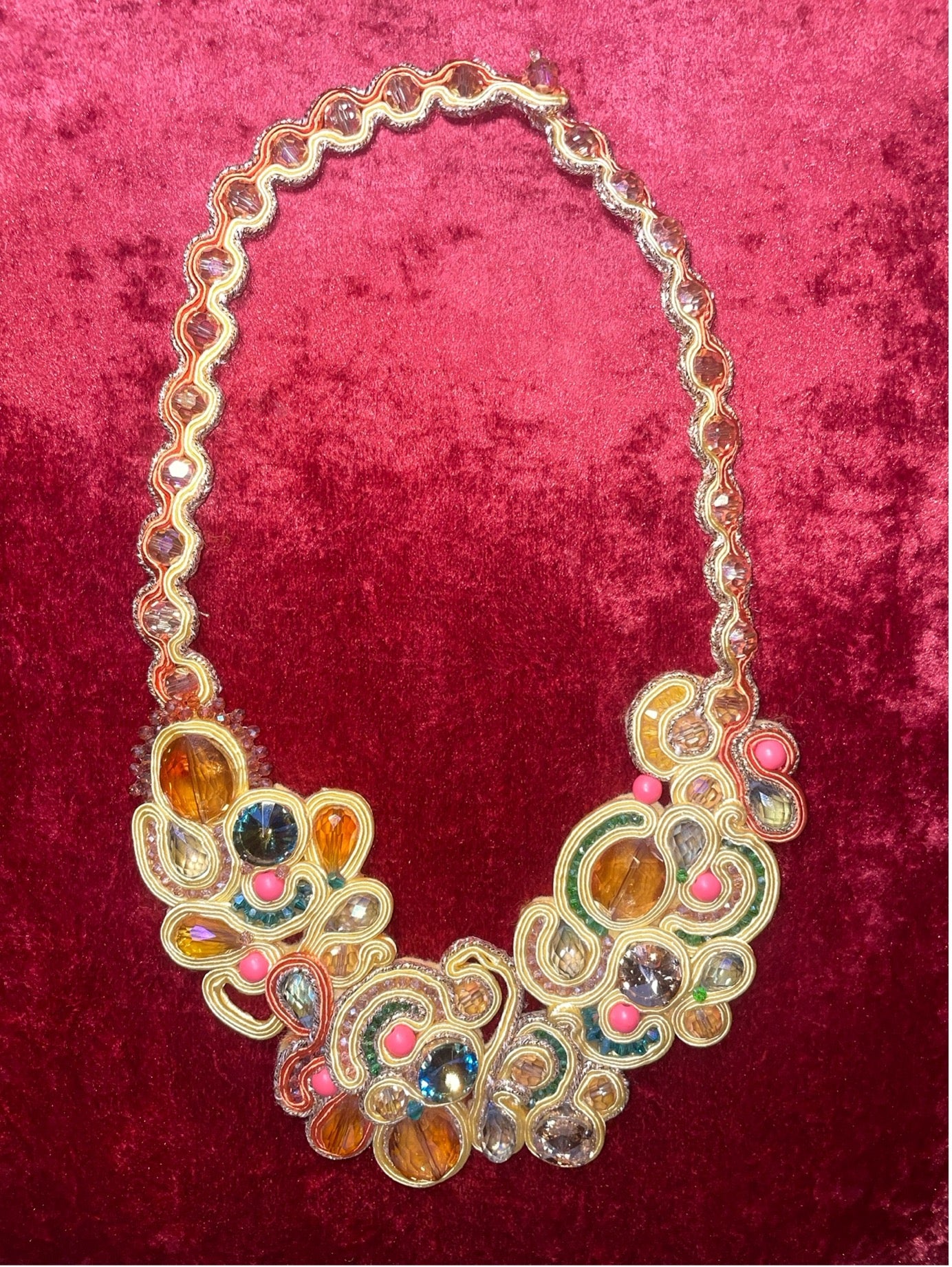 Handcrafted Soutache Necklace with Crystals and Synthetic Turquoise