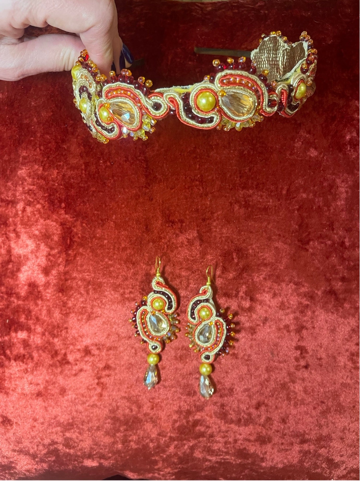 Handcrafted Soutache Headband and Earrings Set with Faceted Crystals, Glass Pearls and Seed Beads