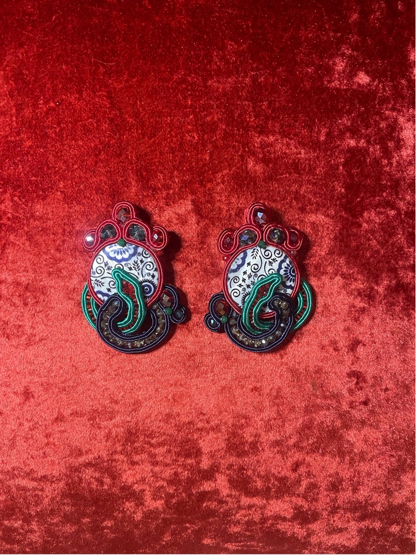 Handcrafted Soutache Earrings with Faceted Crystals, Seed Beads and Mother-of-Pearl Disc