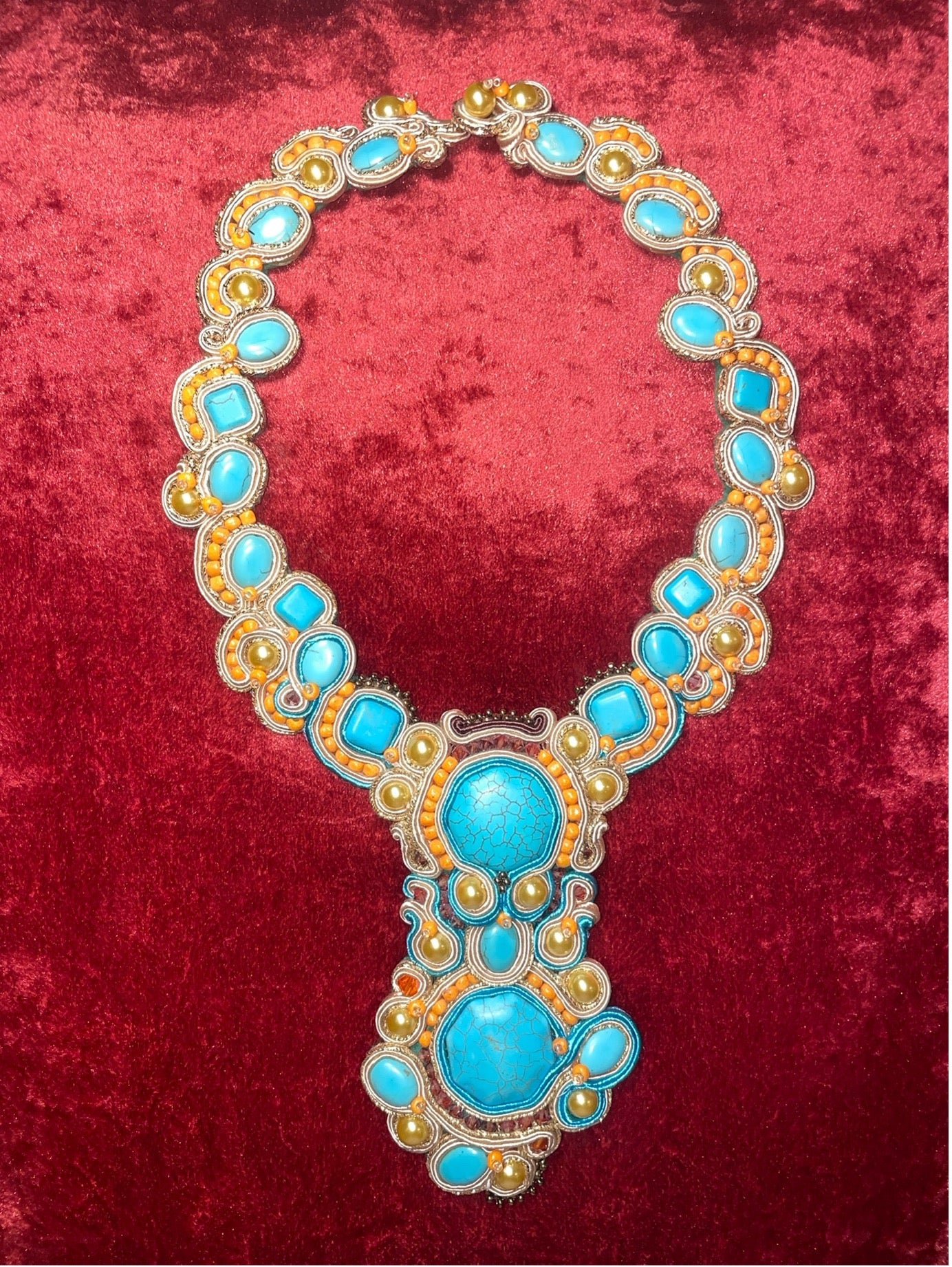 Handcrafted Soutache Necklace with Crystals and Synthetic Turquoise